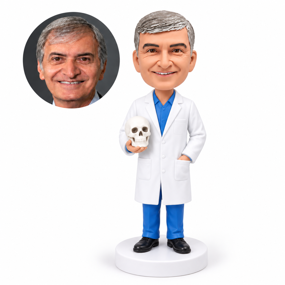 custom bobblehead figure male doctor in a lab coat holding a skull model with his other hand in a pocket