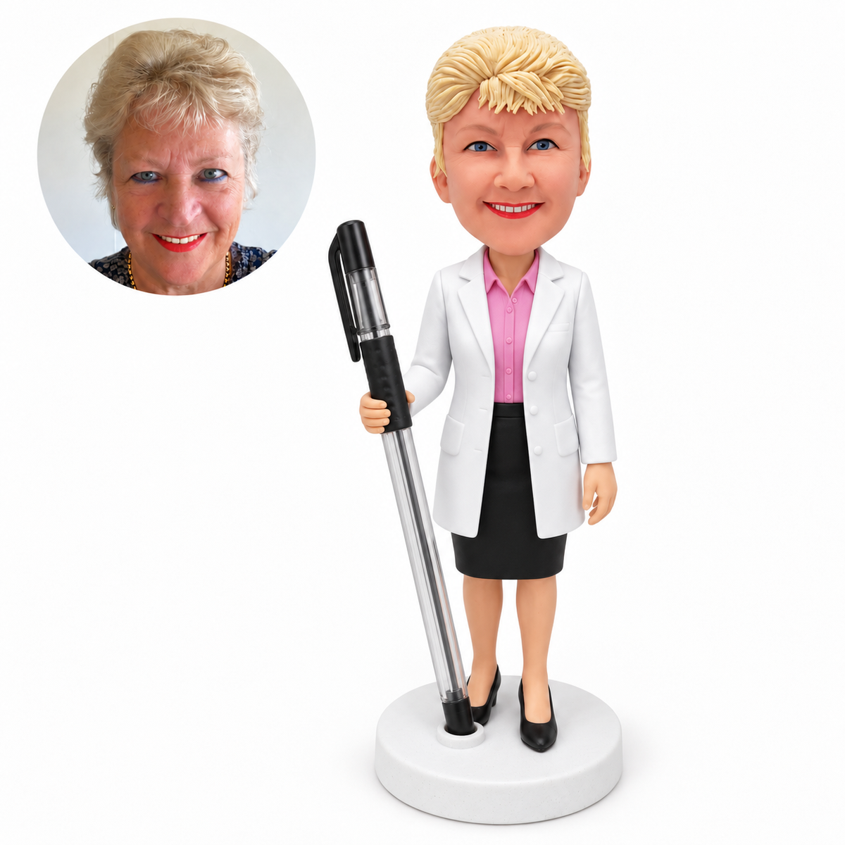 custom bobblehead figure female doctor in a lab coat and skirt as a pen holder