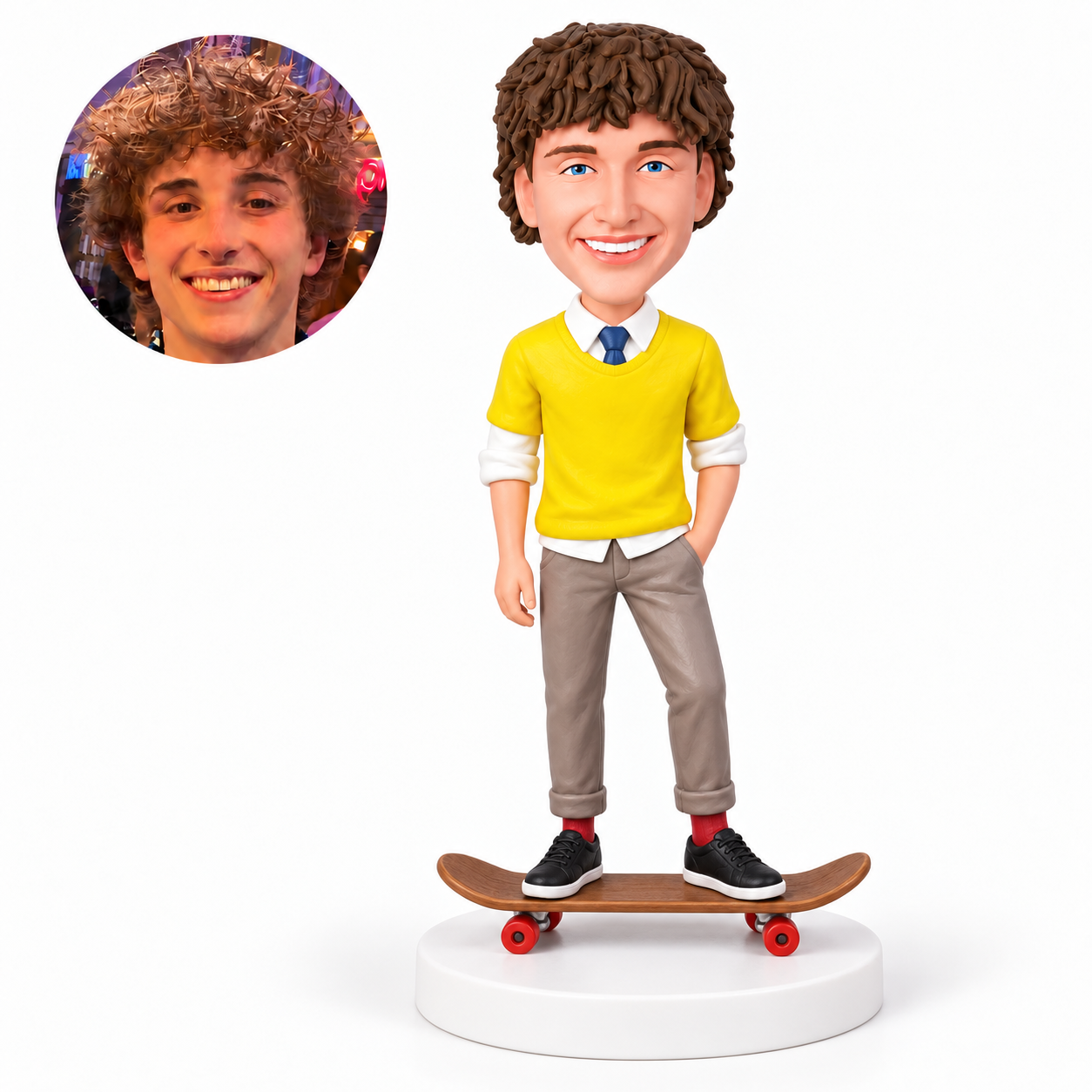 custom bobblehead figure man in a sweater and rolled trousers standing on a skateboard with one hand in a pocket