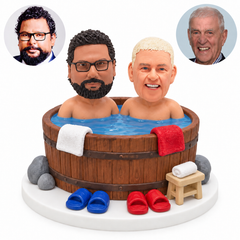 custom bobblehead figures two men relaxing in a wooden hot tub with towels and slippers