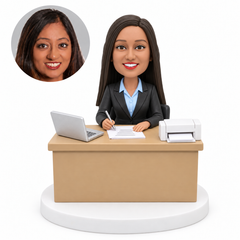 custom bobblehead figure office woman writing at a desk with a laptop and printer