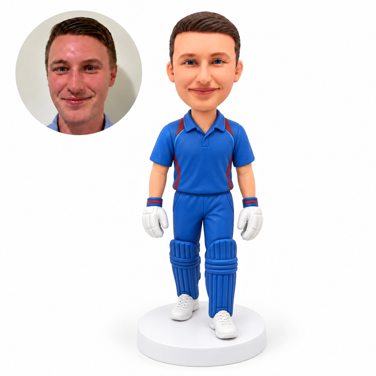 custom bobblehead figure male cricket player in pads and gloves with both arms down