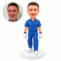 custom bobblehead figure male cricket player in pads and gloves with both arms down