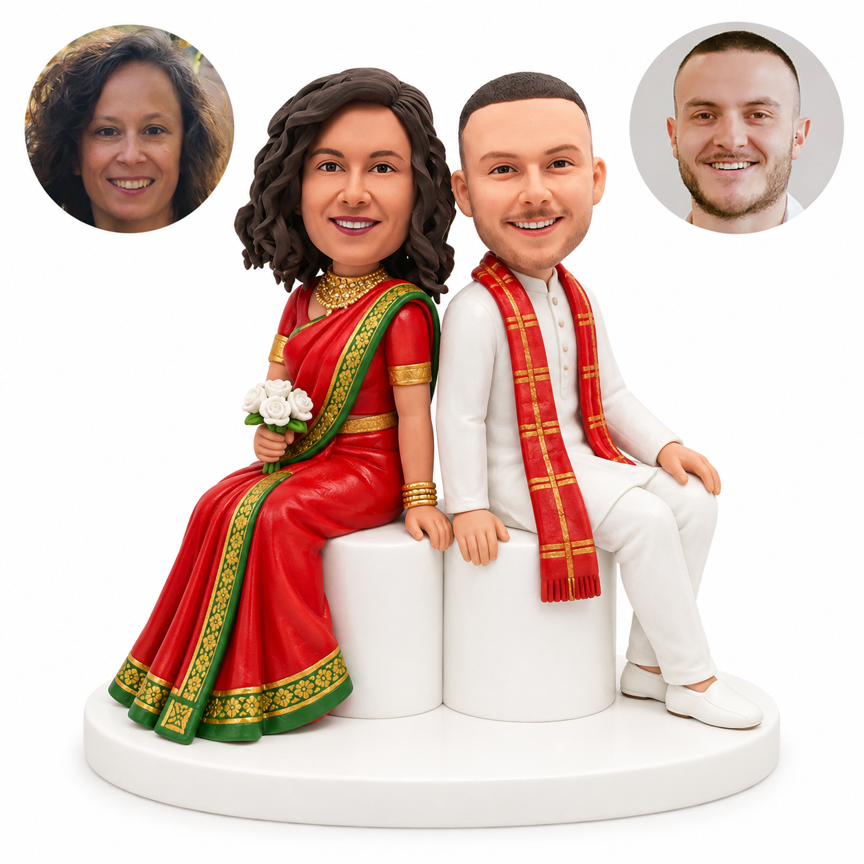 custom bobblehead figures Indian wedding couple seated back to back on round stools