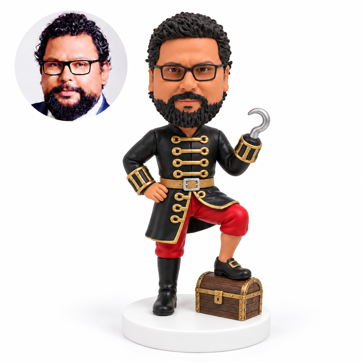 custom bobblehead figure pirate with a raised hook and one foot on a treasure chest