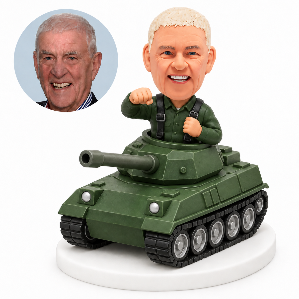 custom bobblehead figure male soldier in a tank turret raising one fist