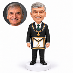 custom bobblehead figure Freemason in a suit with a ceremonial apron and chain collar