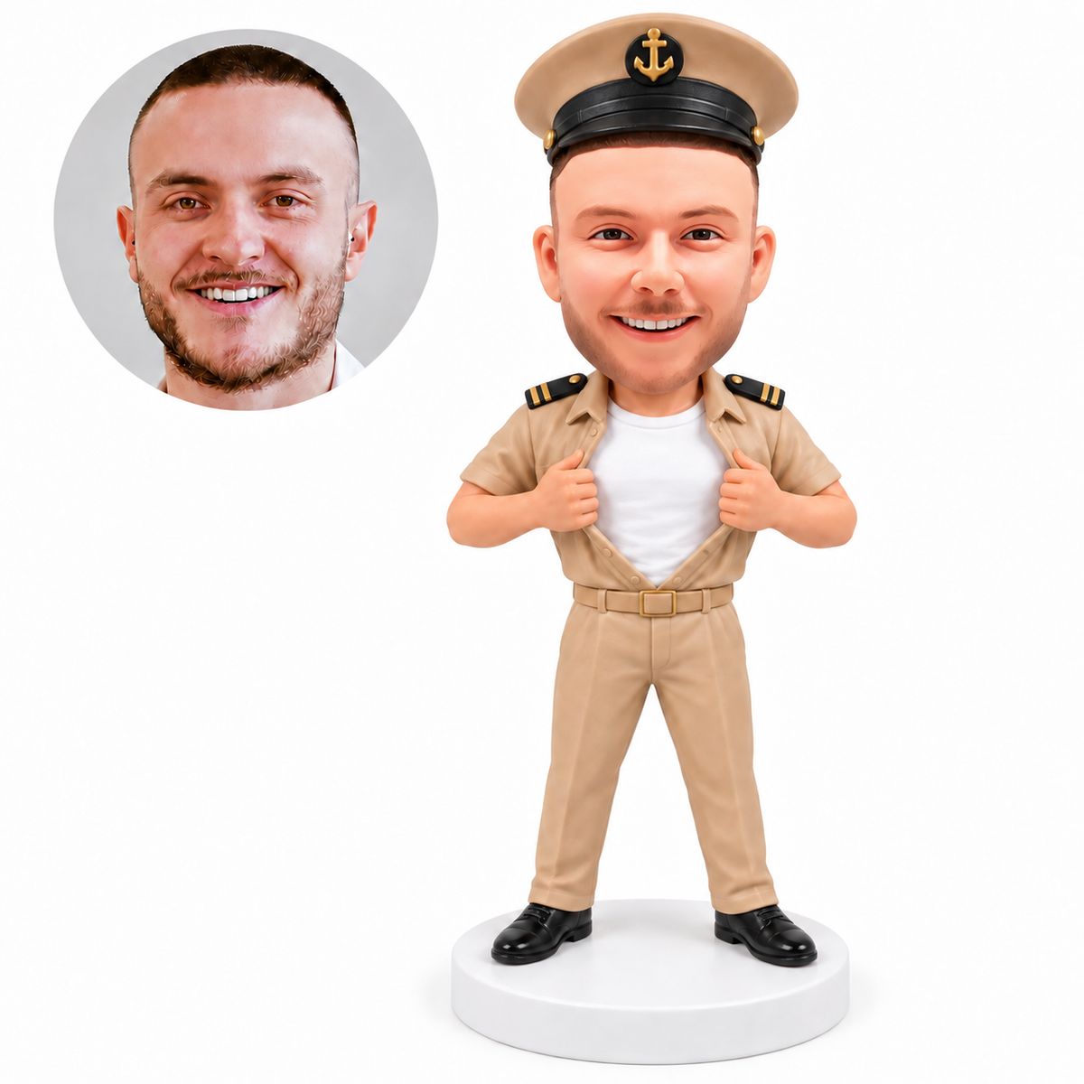 custom bobblehead figure male naval officer opening his khaki shirt over a white undershirt