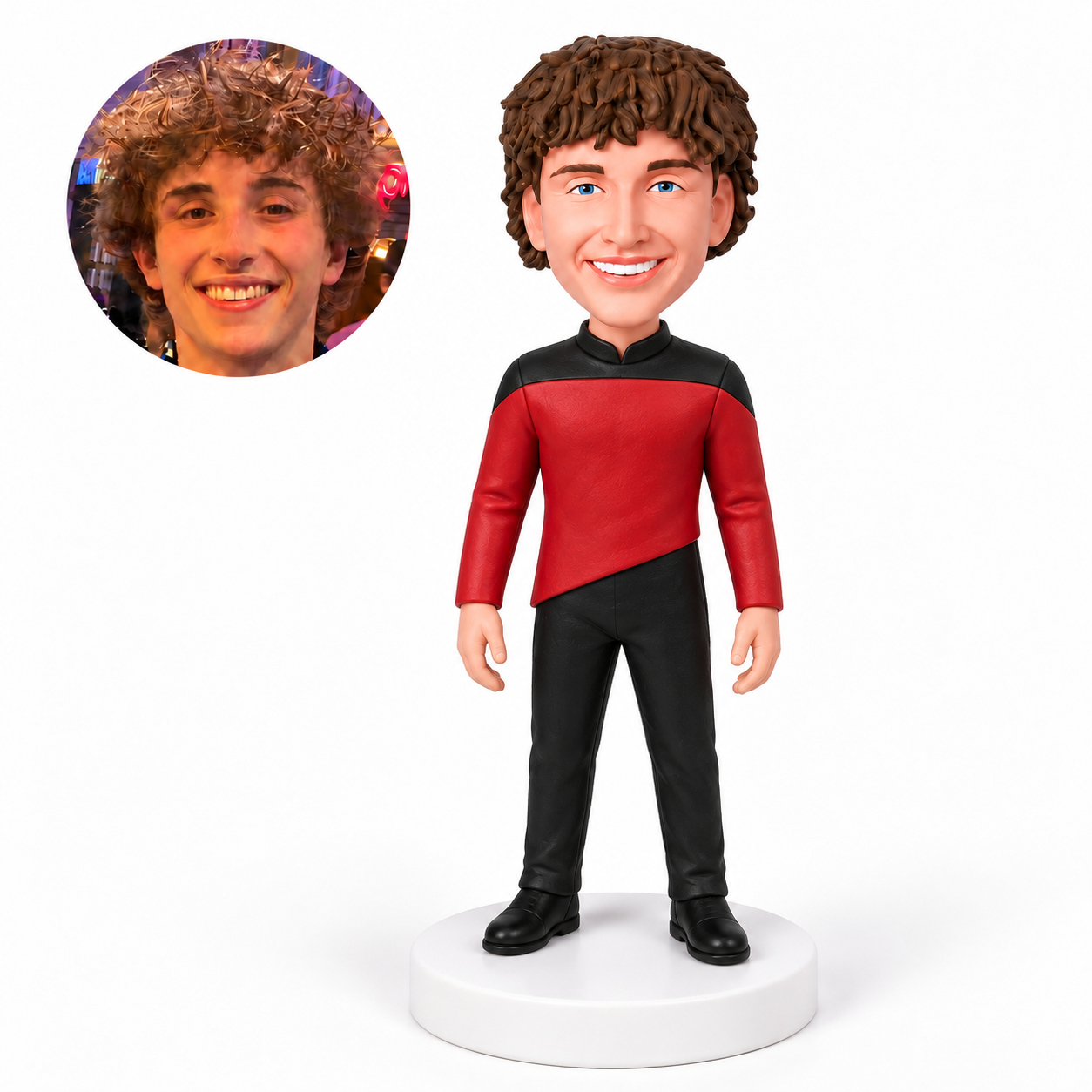custom bobblehead figure male sci-fi captain in a red and black uniform with both arms down