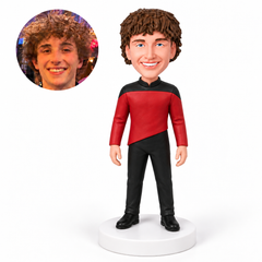 custom bobblehead figure male sci-fi captain in a red and black uniform with both arms down