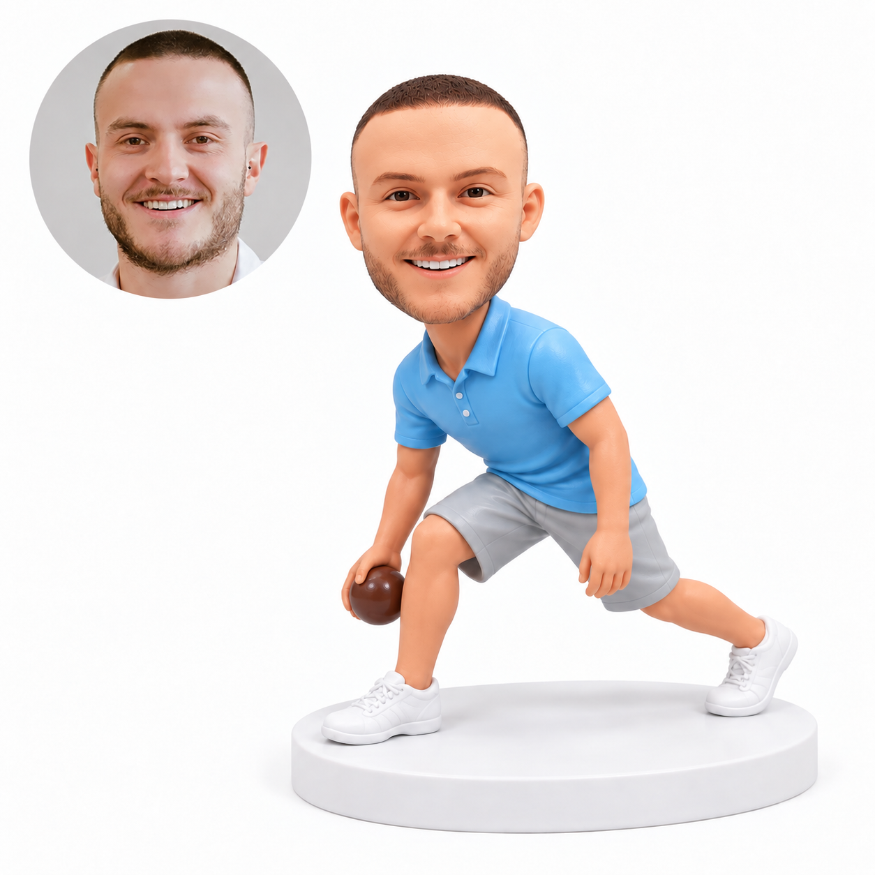 custom bobblehead figure male bocce player in a deep forward lunge holding one ball