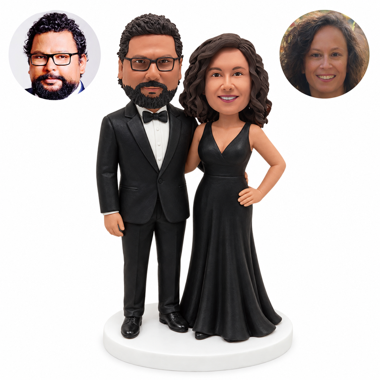custom bobblehead figures formal couple with a tuxedo and a long V-neck gown