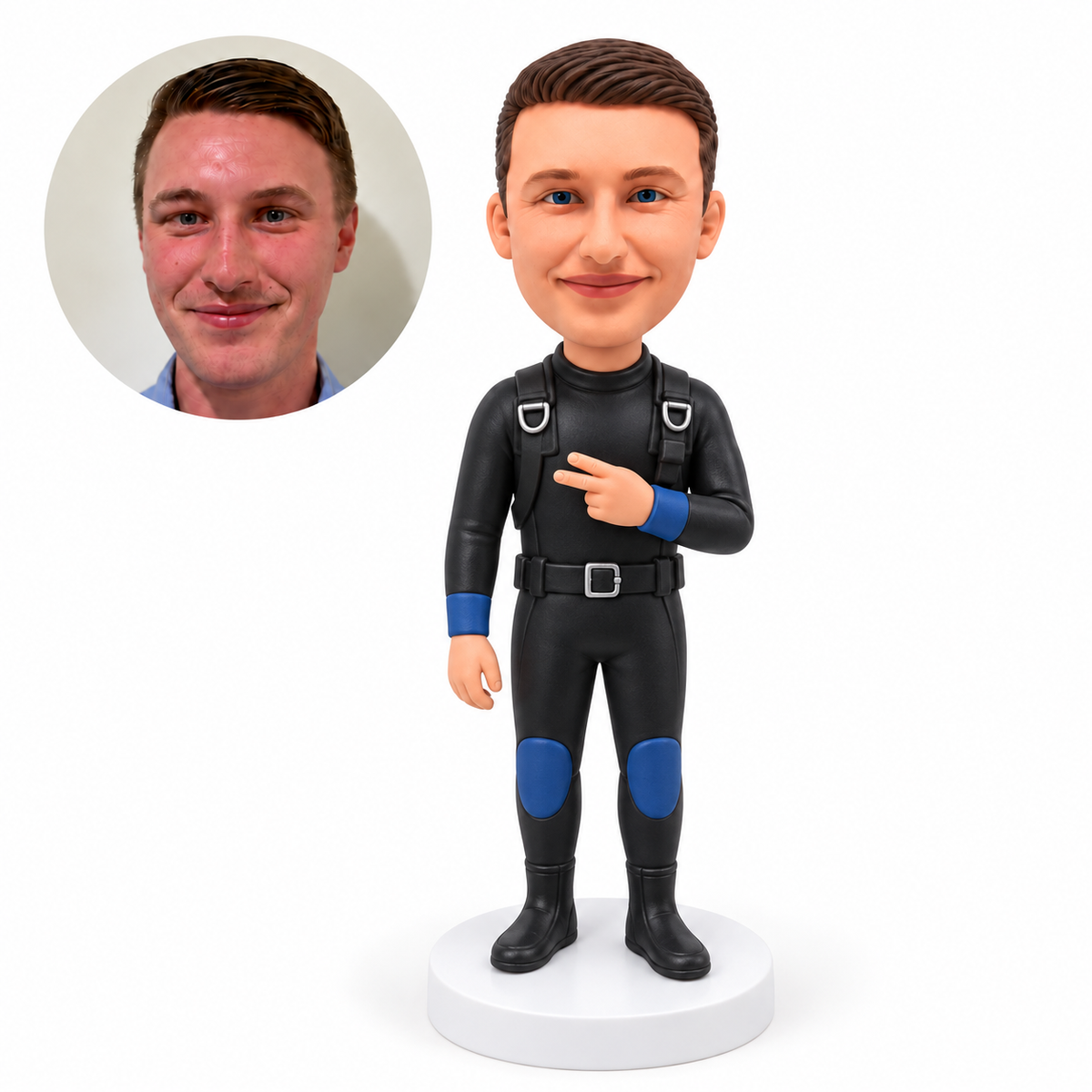 custom bobblehead figure male diver in a wetsuit and harness making a V sign