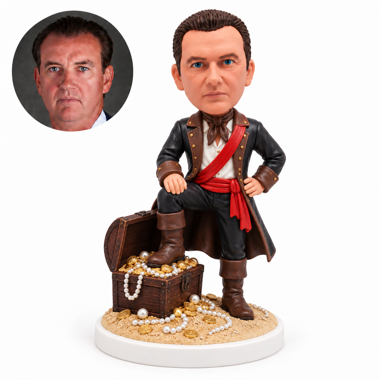 custom bobblehead figure pirate with one foot on an open treasure chest