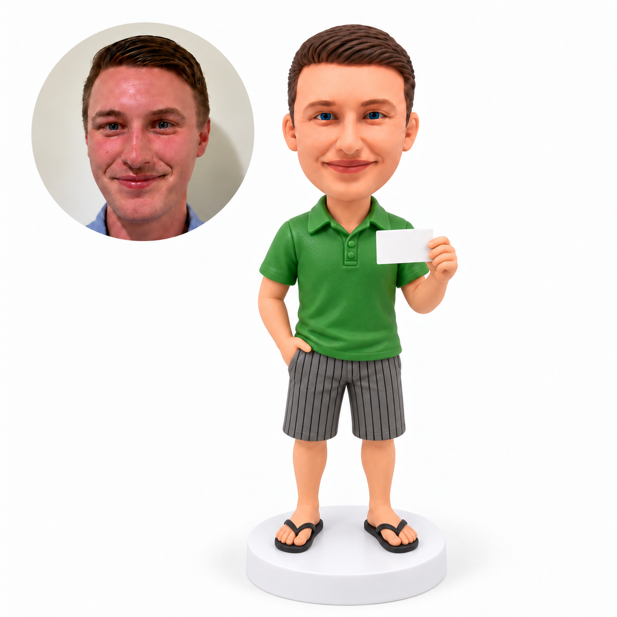 custom bobblehead figure man in a polo shirt and shorts holding a business card