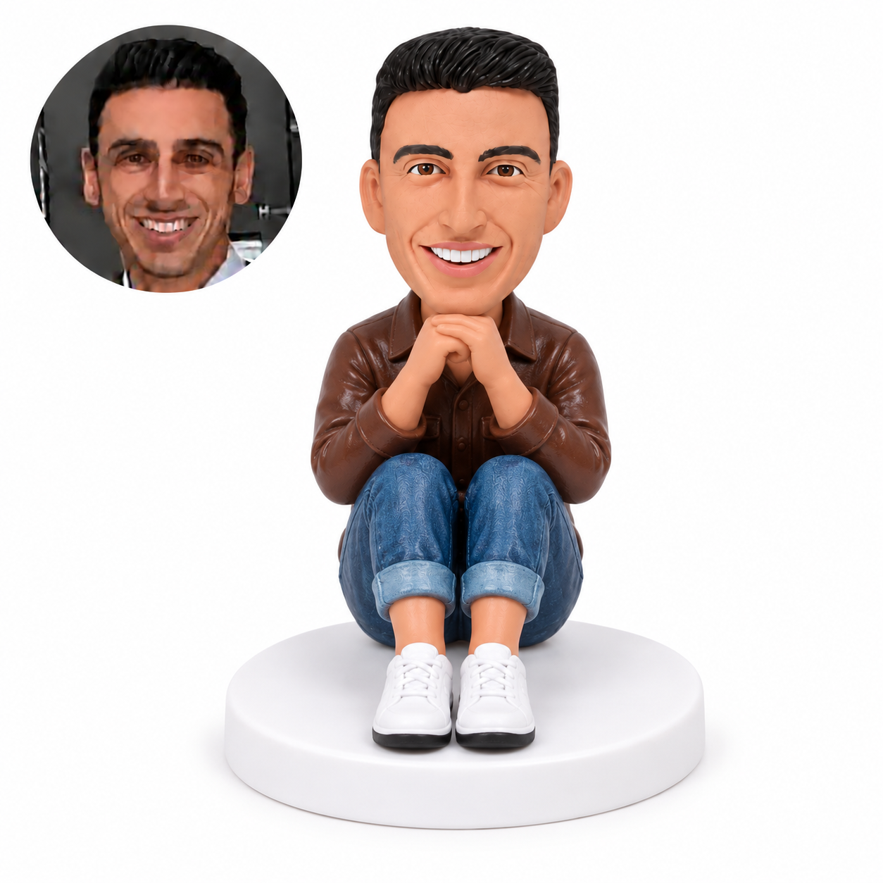 custom bobblehead figure man sitting with raised knees and clasped hands beneath his chin
