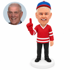 custom bobblehead figure male hockey fan in a cap and long-sleeved jersey raising a foam finger
