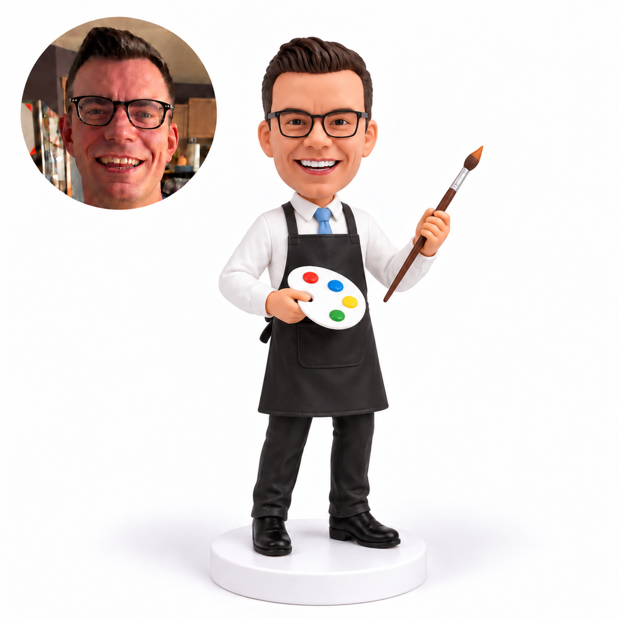custom bobblehead figure male painter in a shirt and tie holding a palette and brush