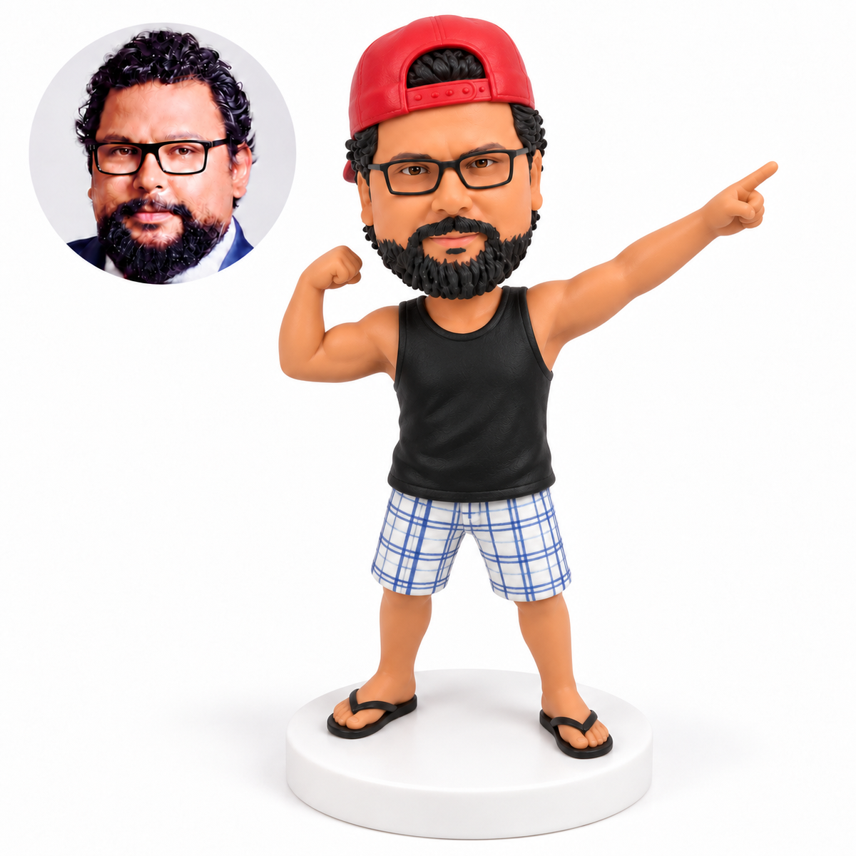 custom bobblehead figure man in a tank top and shorts flexing one arm and pointing with the other