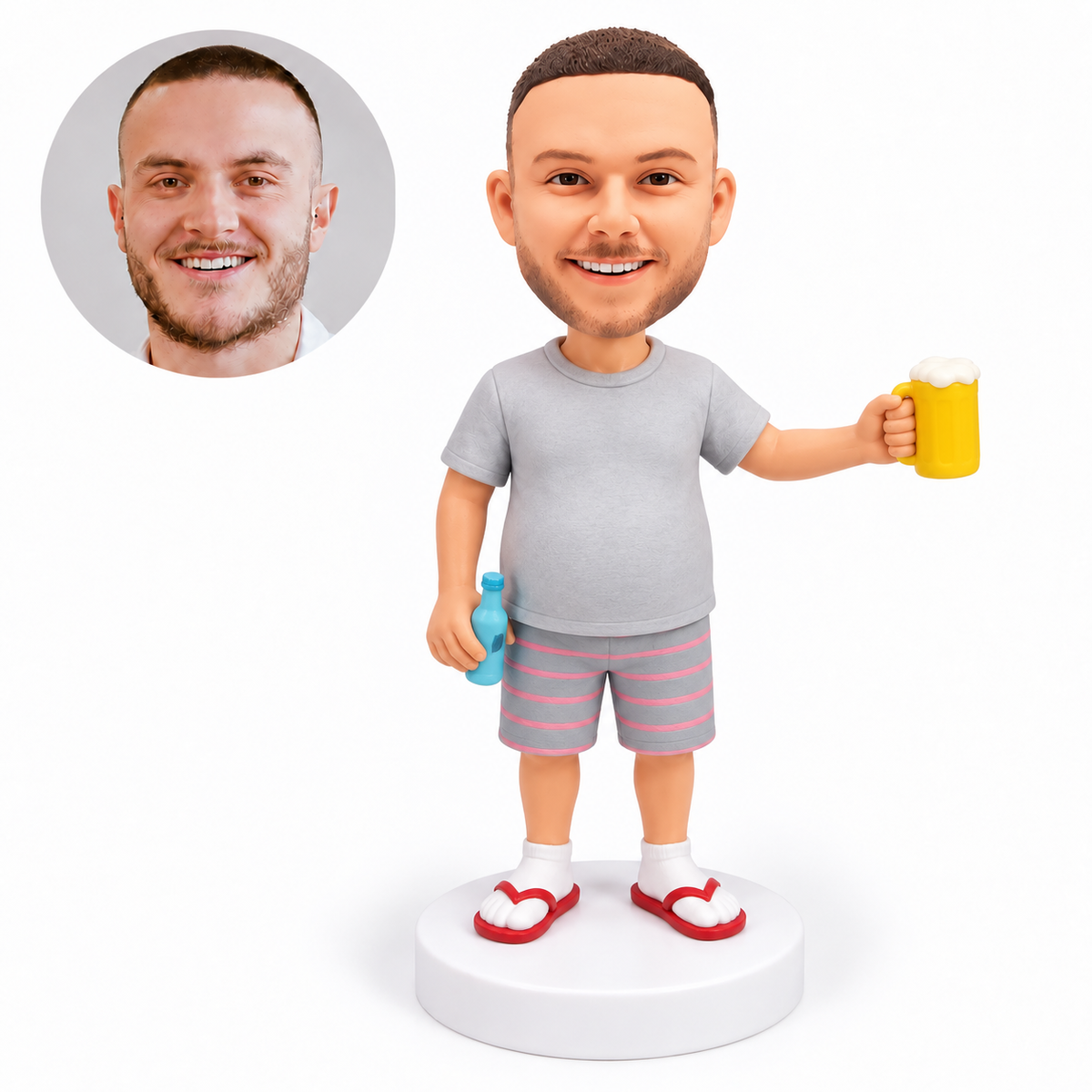 custom bobblehead figure man in a T-shirt and shorts holding a mug and bottle