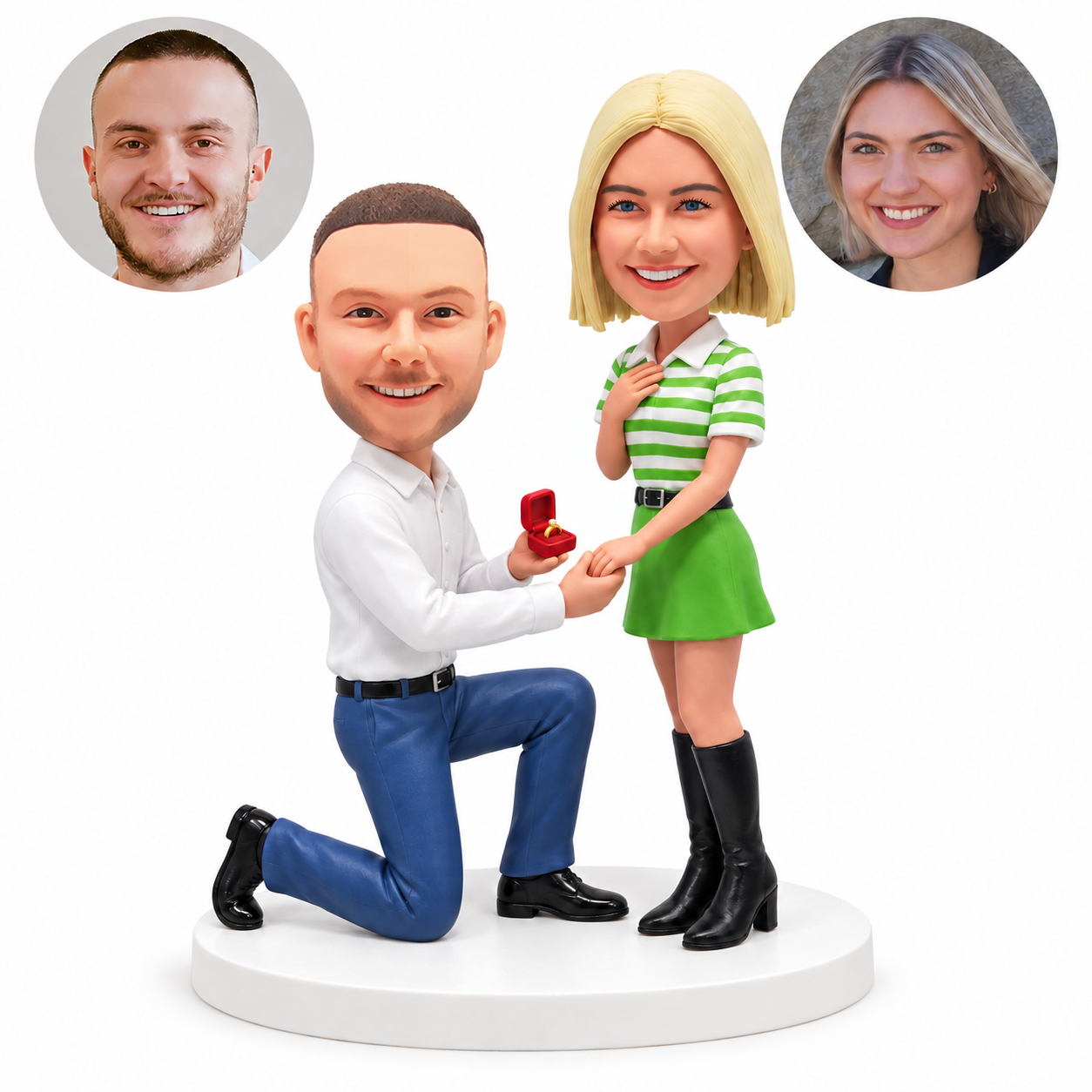 custom bobblehead figures casual couple with a man kneeling and offering a ring box