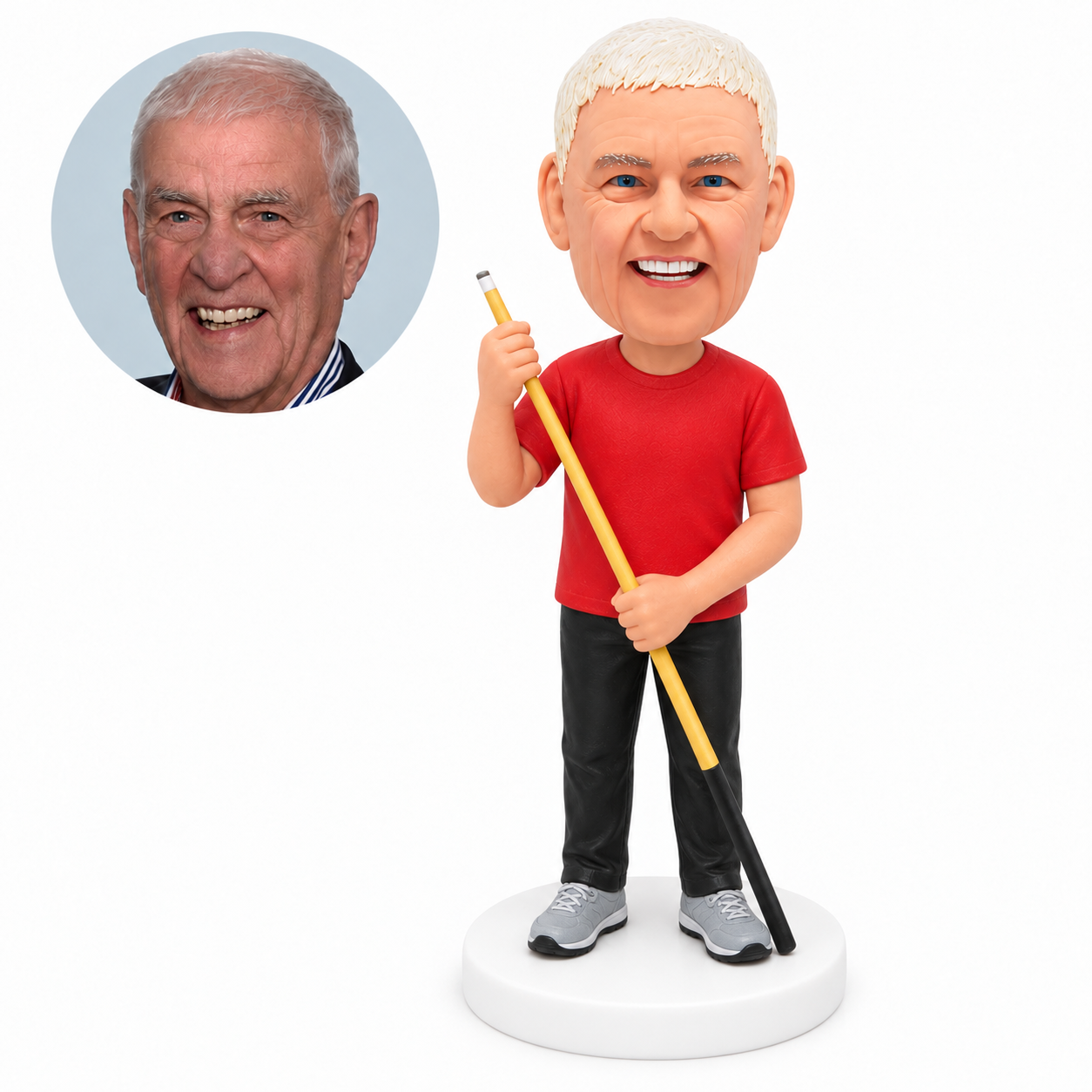 custom bobblehead figure male billiards player in a T-shirt holding a cue with both hands