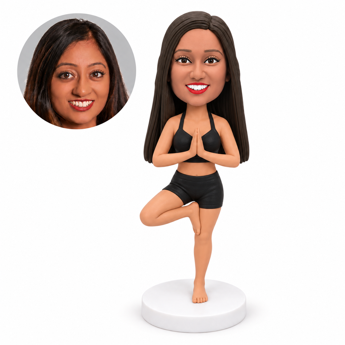 custom bobblehead figure woman in a short yoga outfit in tree pose with hands together