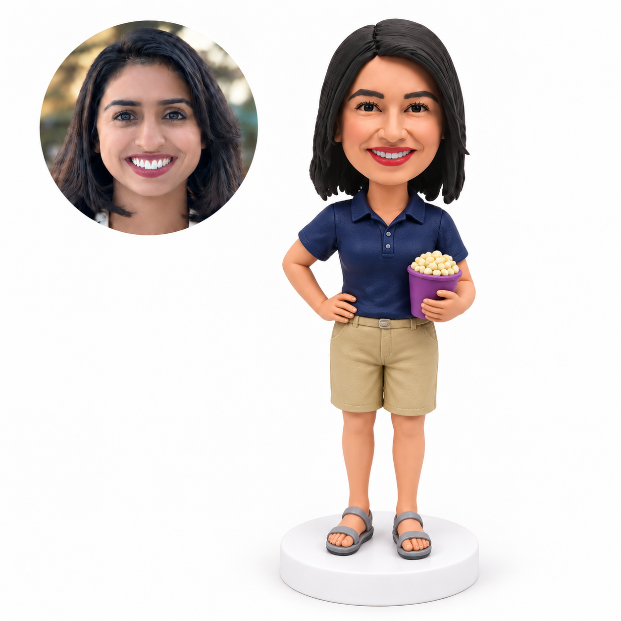 custom bobblehead figure female movie fan in a polo shirt and shorts holding popcorn