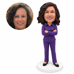 custom bobblehead figure woman in a long-sleeved collared shirt and trousers with arms crossed