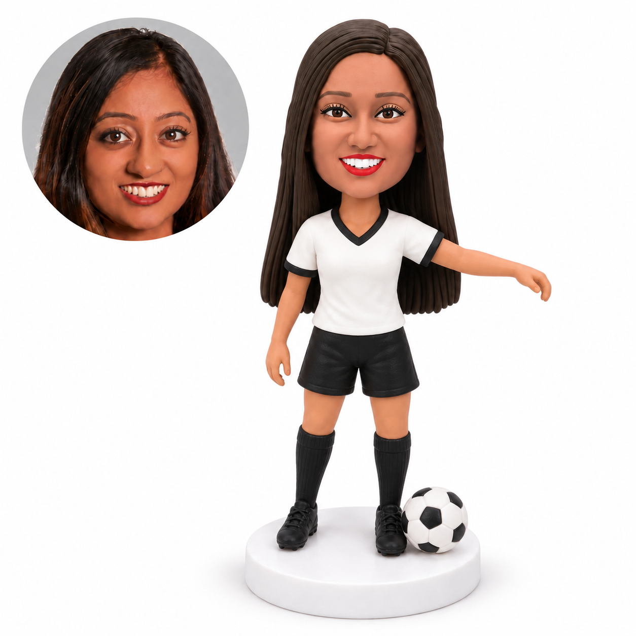 custom bobblehead figure female soccer player with one arm extended and a ball beside her feet