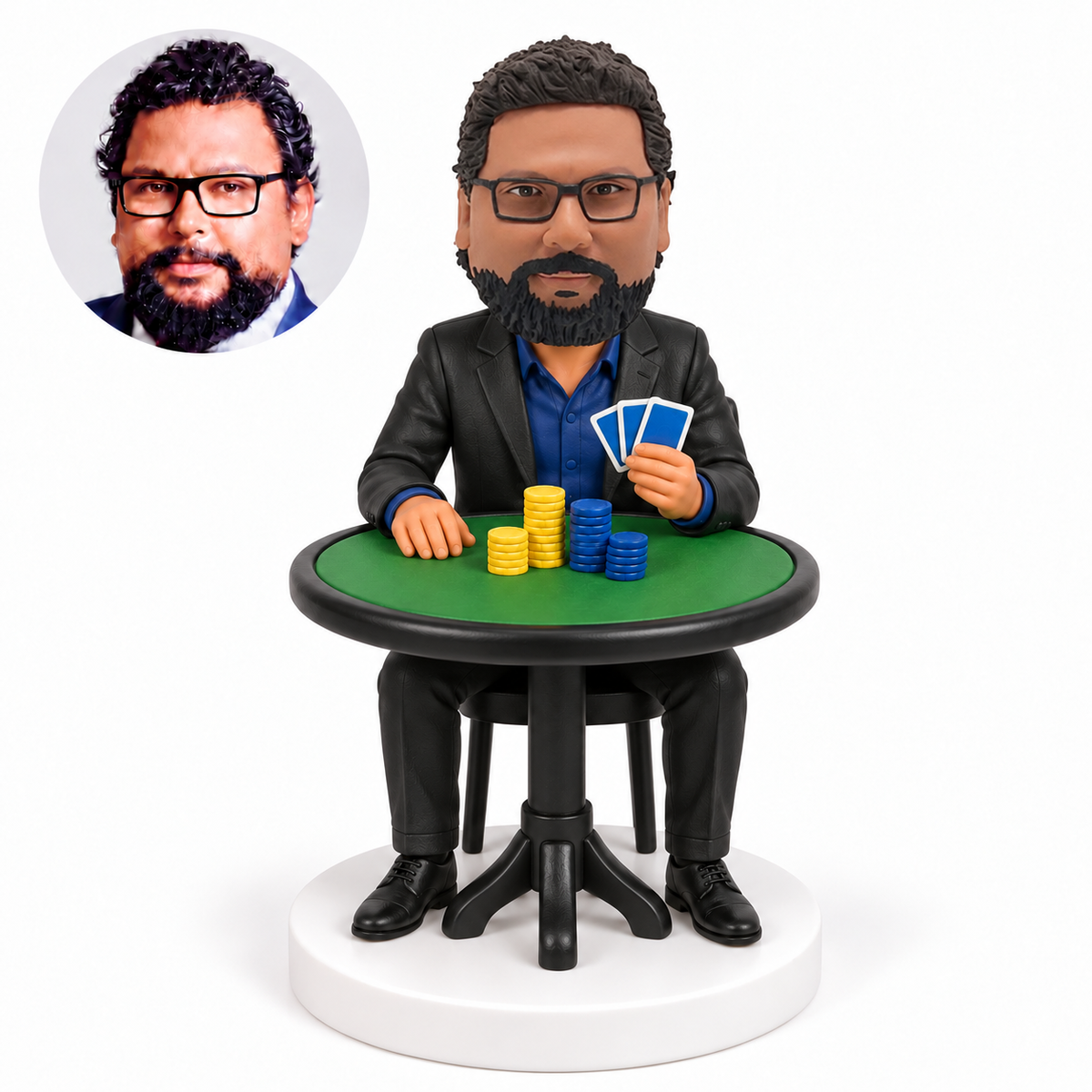 custom bobblehead figure male poker player seated at a green table with cards and chips