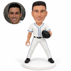 custom bobblehead figure male baseball player holding a ball down and a glove at his waist