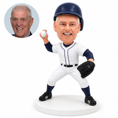custom bobblehead figure male baseball pitcher in breeches with a raised ball and glove