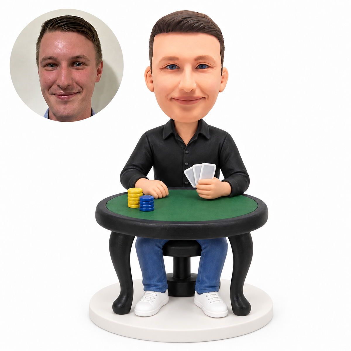 custom bobblehead figure casual male poker player in a shirt and jeans seated at a table