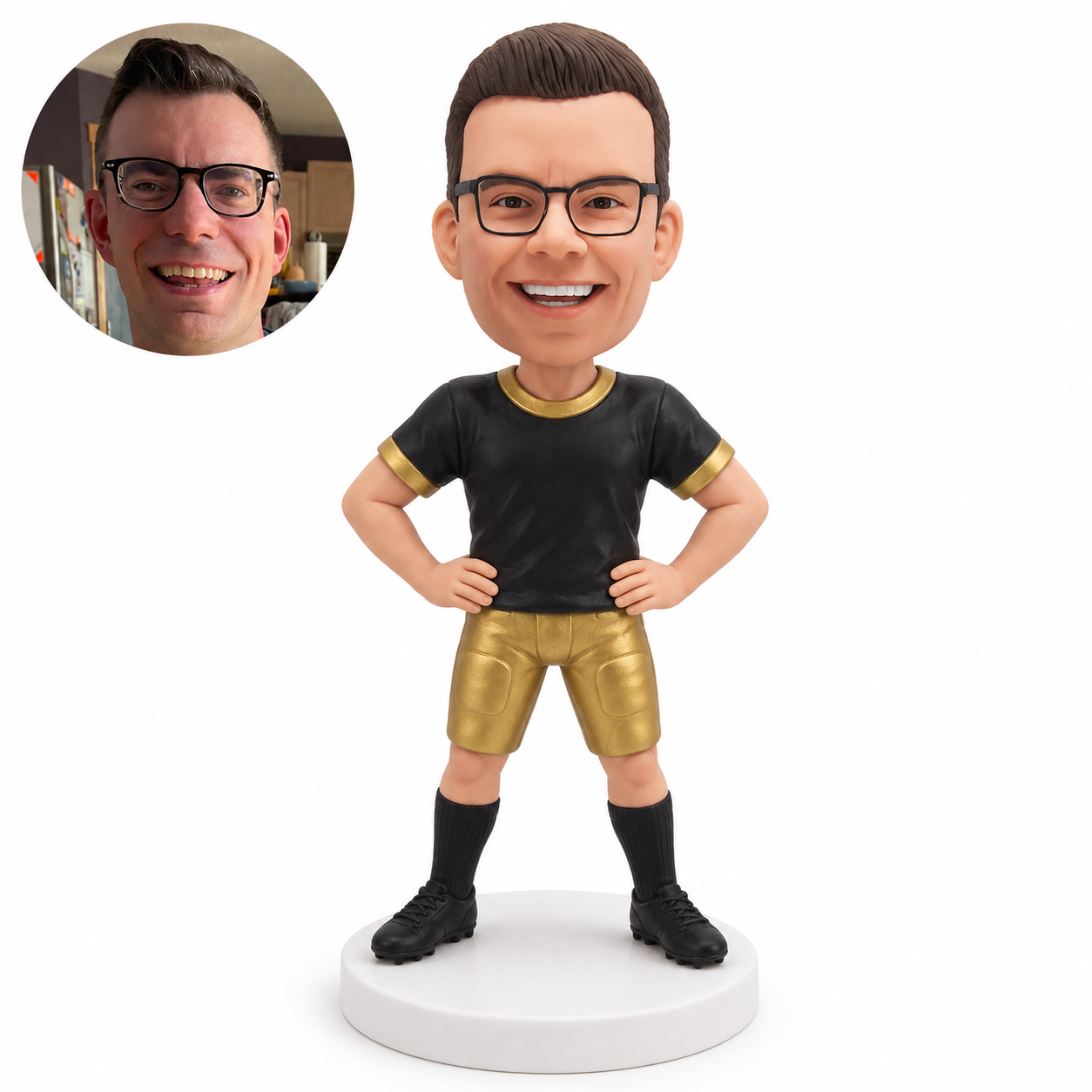 custom bobblehead figure male football player in shorts standing with both hands on his hips