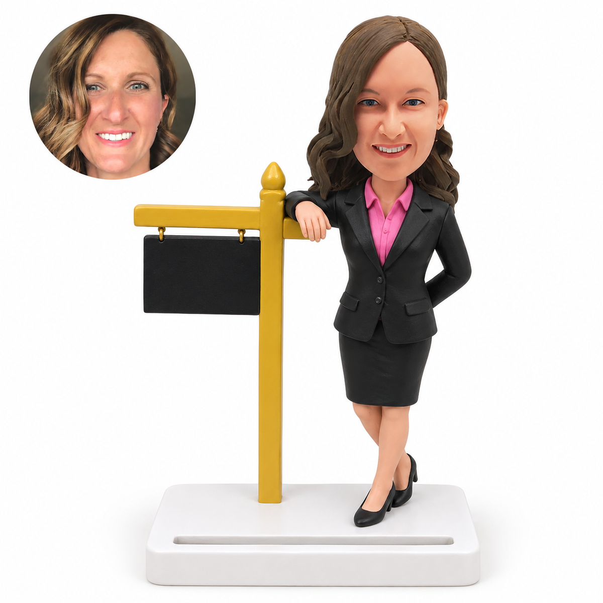 custom bobblehead figure female estate agent in a skirt suit beside a sign and card holder
