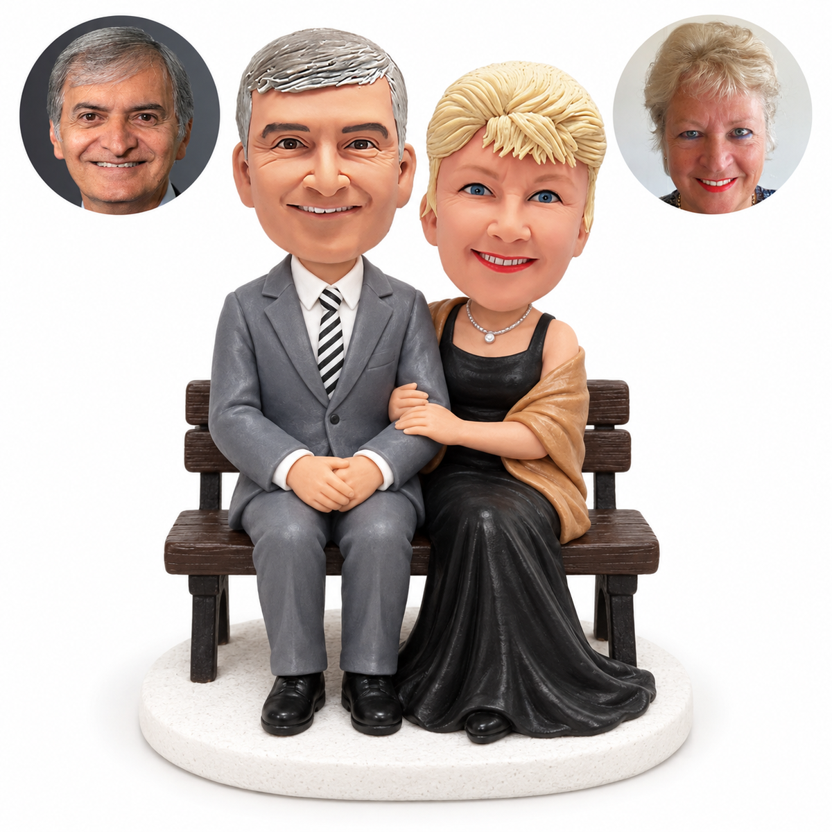 custom bobblehead figures formal couple seated closely on a wooden bench