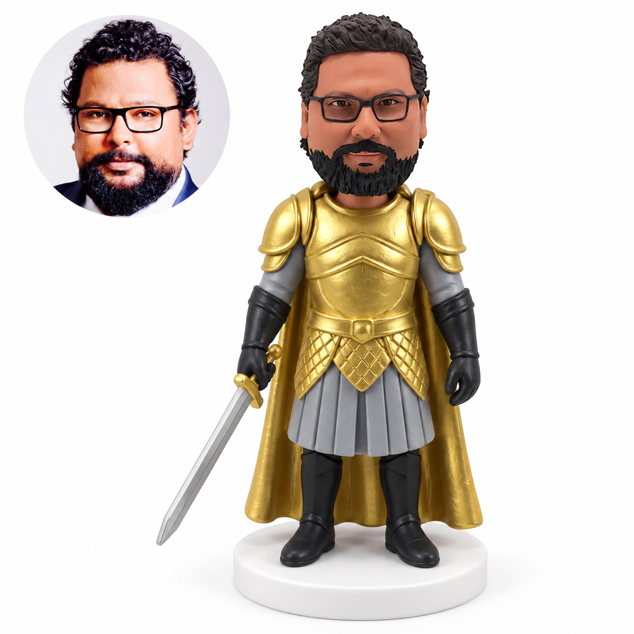 custom bobblehead figure male knight in gold armor and a gray tunic holding a lowered sword