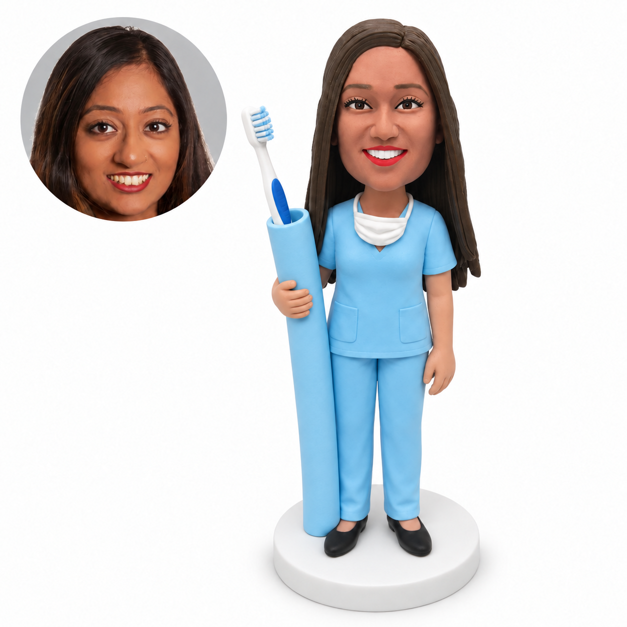 custom bobblehead figure female dentist in blue scrubs with a toothbrush holder
