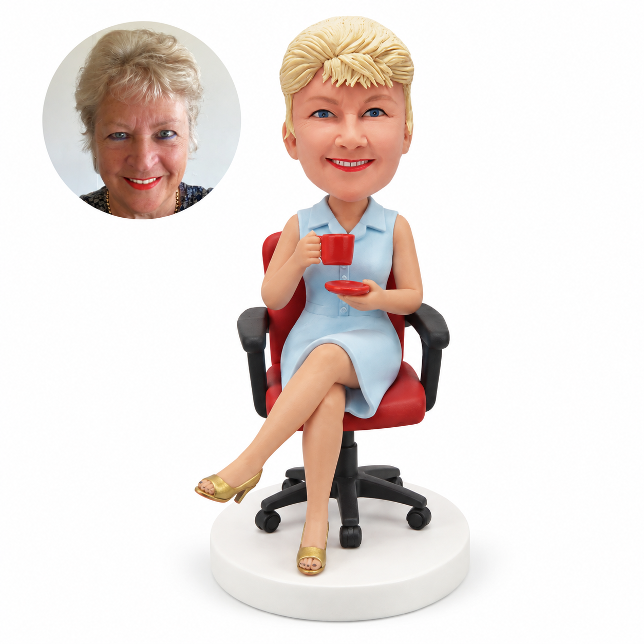 custom bobblehead figure woman in a sleeveless dress seated in an office chair with coffee