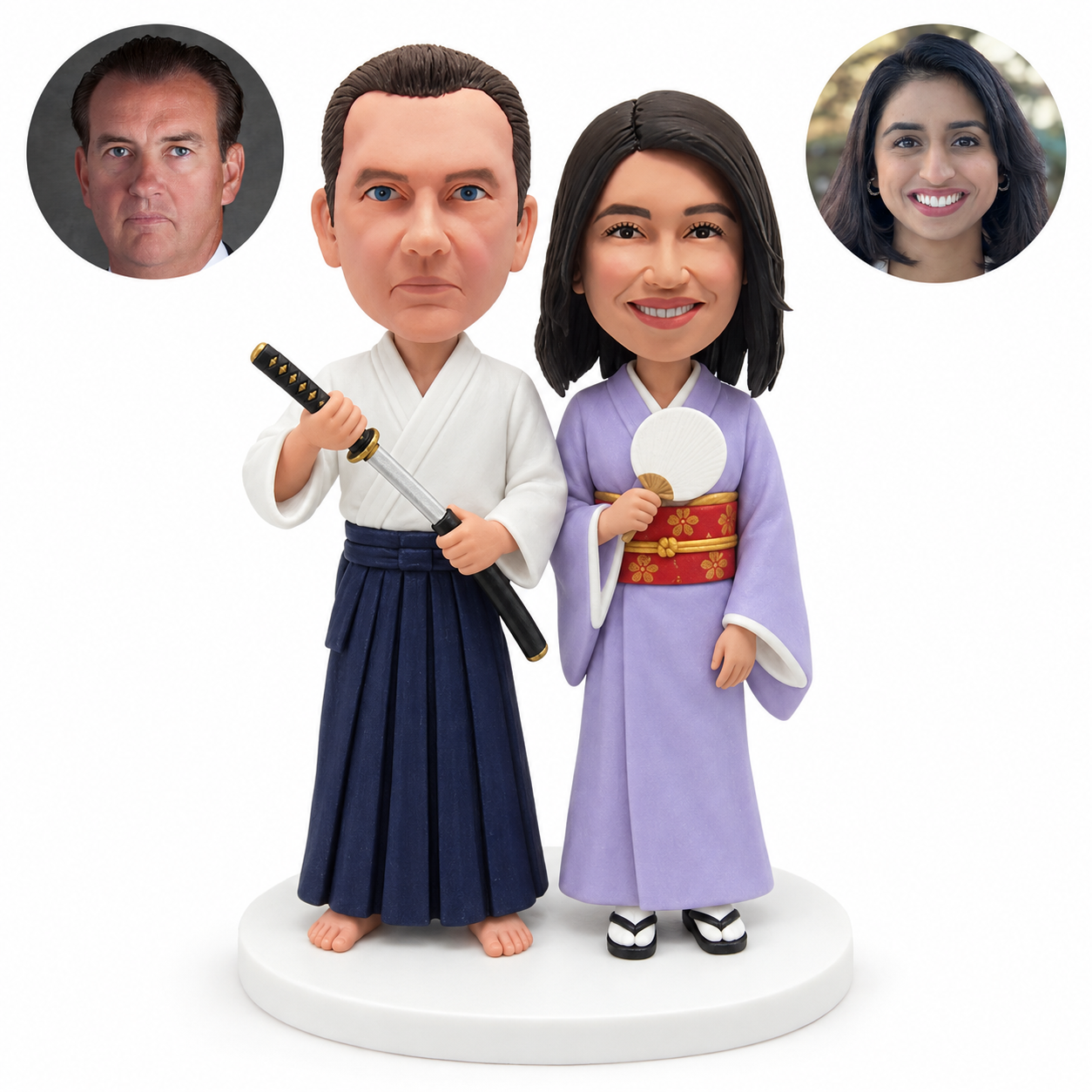 custom bobblehead figures Japanese costume couple with a samurai sword and kimono