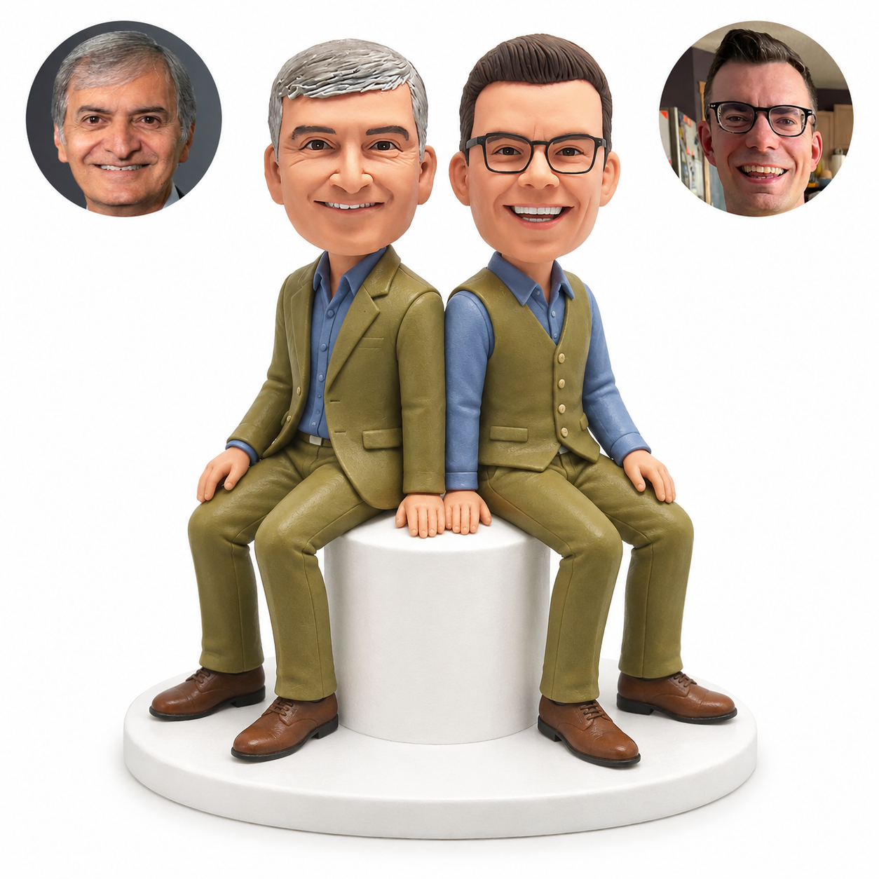 custom bobblehead figures two men seated back to back on a cylindrical stool