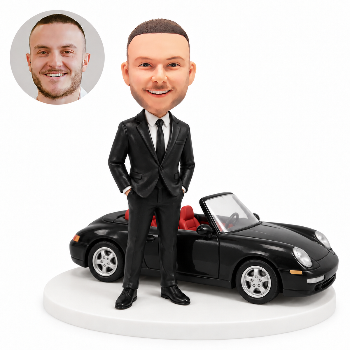 custom bobblehead figure man in a black suit standing beside a black convertible
