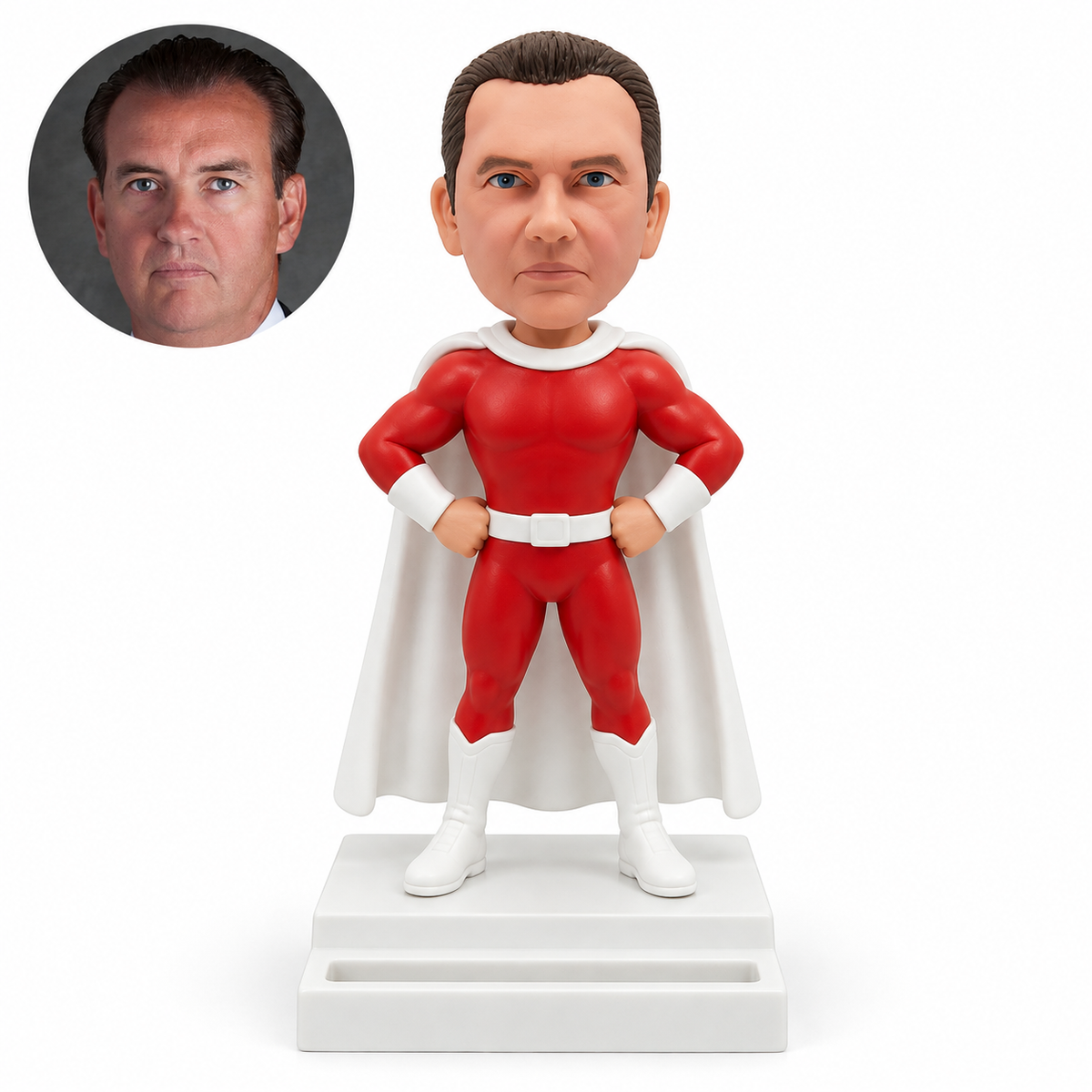 custom bobblehead figure man in a red hero costume on a business card holder base