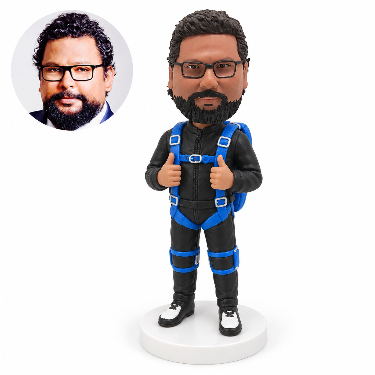 custom bobblehead figure male skydiver with a blue harness and parachute pack