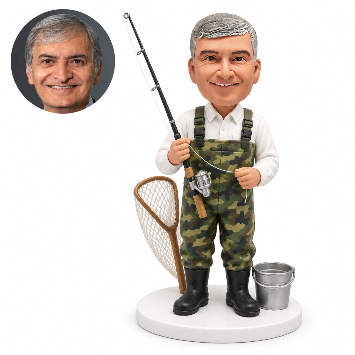 custom bobblehead figure fisherman in camouflage waders with a rod net and bucket