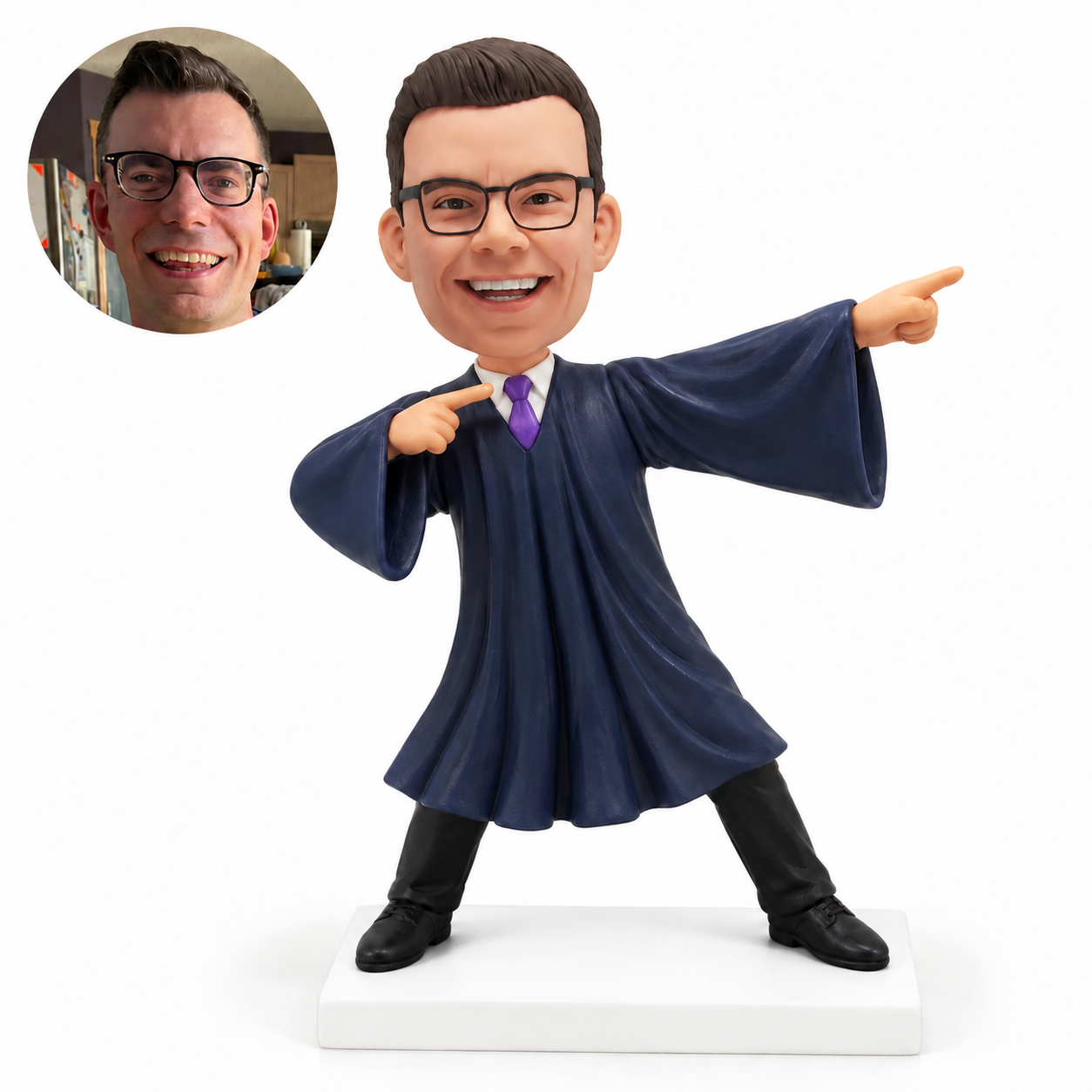 custom bobblehead figure male lawyer in a long gown making a sideways victory pose
