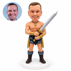 custom bobblehead figure male fantasy warrior holding a sword across his chest