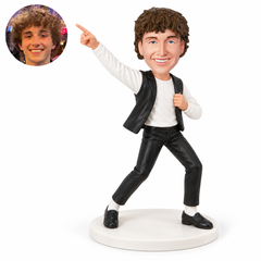 custom bobblehead figure male dancer in a black waistcoat and white shirt pointing sideways