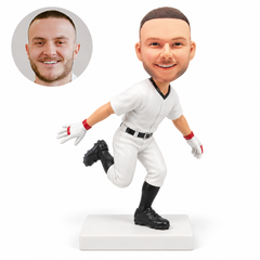 custom bobblehead figure male baseball runner with one leg lifted behind him